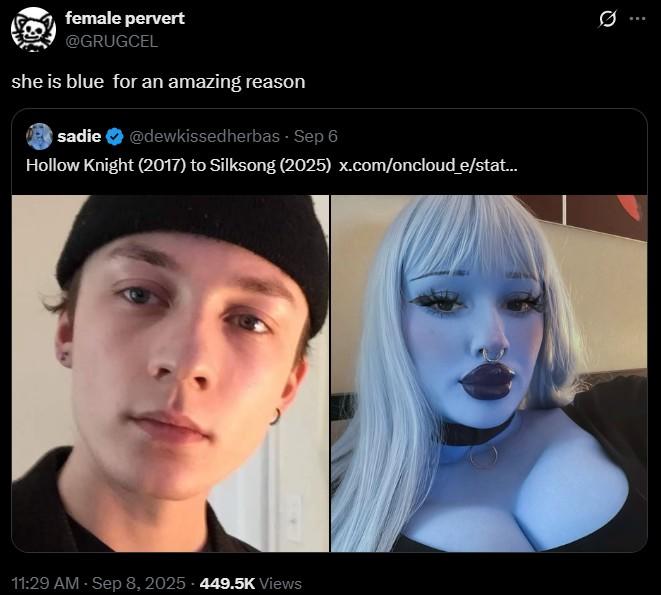 she is blue for an amazing reason A tweet reading, "she is blue for an amazing reason." The tweet shares a photo of a blue person.