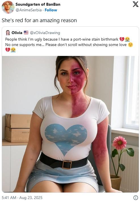 Soundgarten of BanBan @AnimeSerbia Follow She's red for an amazing reason Olivia @xOliviaDrawing People think I'm ugly because I have a port-wine stain birthmark No one supports me... Please don't scroll without showing some love HRIT Cene Photo 5:41 AM - Aug 23, 2025 X Θ