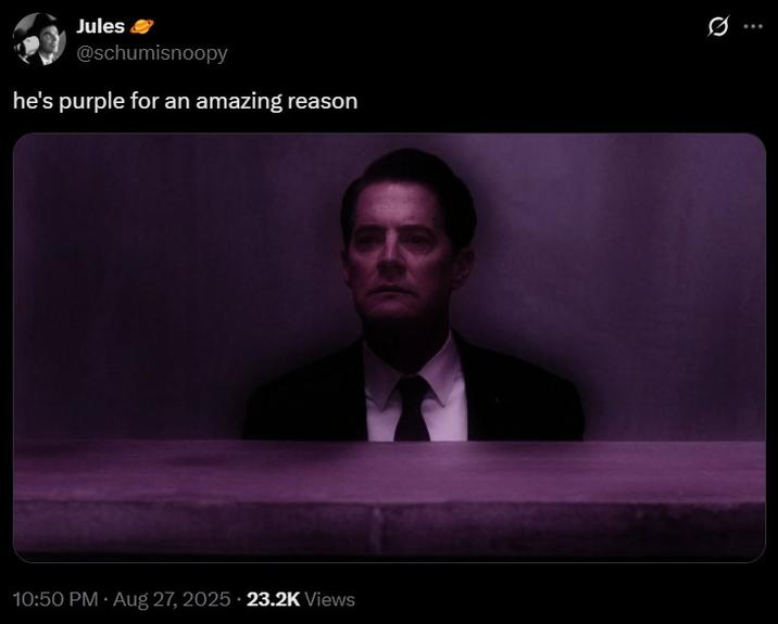 he purple Jules @schumisnoopy he's purple for an amazing reason 10:50 PM - Aug 27, 2025 23.2K Views