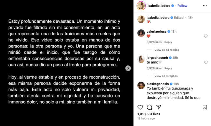 Isabella Ladera's Response An Isabella Ladera "Instagram":https://knowyourmeme.com/memes/sites/instagram post, responding to the "viral video":https://knowyourmeme.com/memes/viral-videos of her and her ex Beele, in which she accused Beele of leaking the video online.