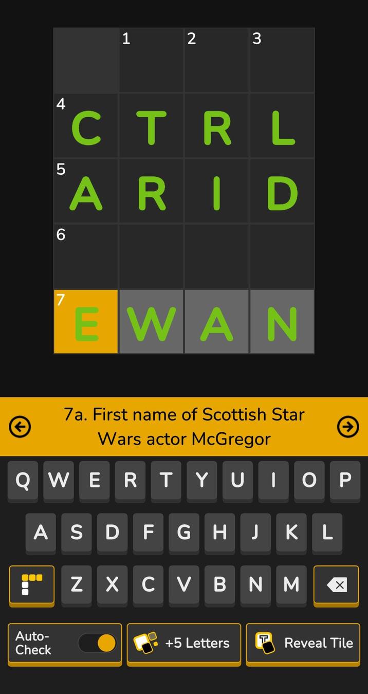 1 2 3 'CTRL 5 6 7 ARID EWAN + 7a. First name of Scottish Star Wars actor McGregor QWERTYUIOP ASDFGHJKL ¨¨ZXCVBNM ☑ Auto- Check +5 Letters T Reveal Tile