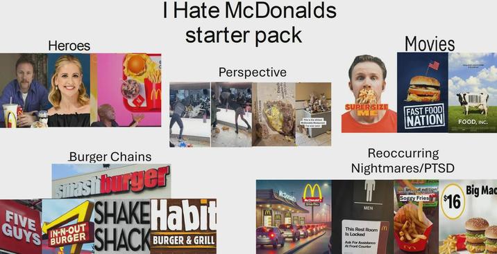 Heroes I Hate McDonalds starter pack Perspective FIVE GUYS Burger Chains Smashburger IN-N-OUT BURGER SHAKE Habit SHACK BURGER & GRILL This is the dirtiest I McDonalds Restaurant I've ever seen McDonald's MM M McDonald's Drive-Thru Movies SUPER SIZE ME FAST FOOD NATION Reoccurring Nightmares/PTSD MEN WHY RATE edition! Soggy Fries $16 This Rest Room Is Locked Ask For Assistance At Front Counter M FOOD, INC. Big Mac