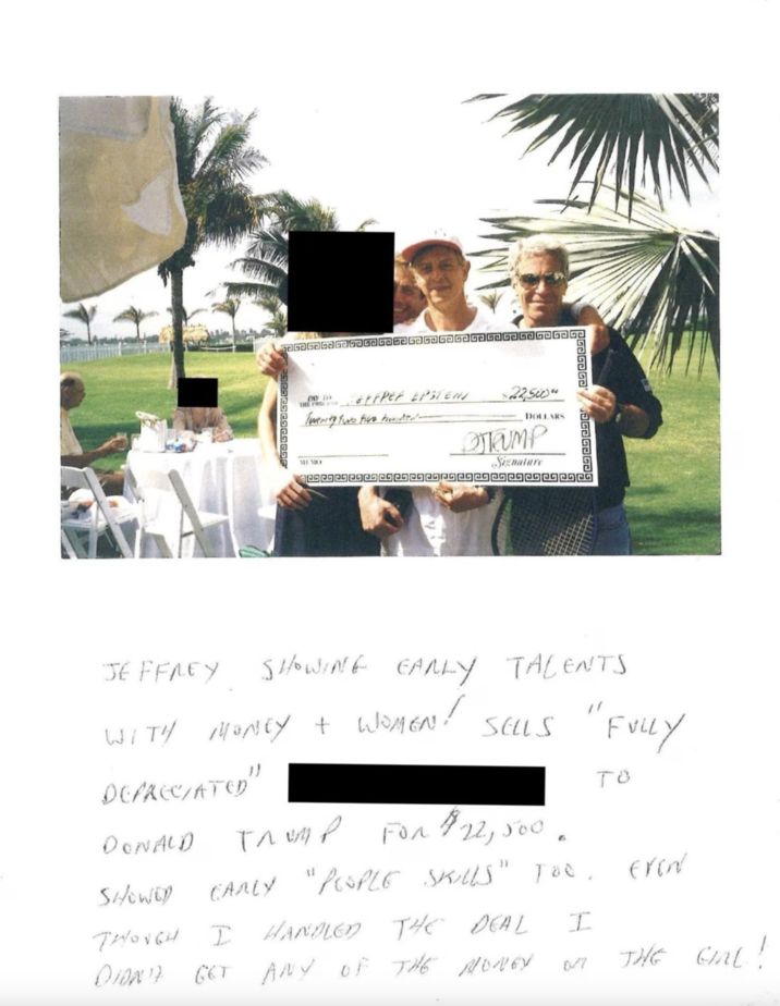 A letter included in the Epstein Birthday Book, in which it's said that he and "Donald Trump":https://knowyourmeme.com/memes/people/donald-trump made a transaction of $22,500 for a "fully depreciated" woman.