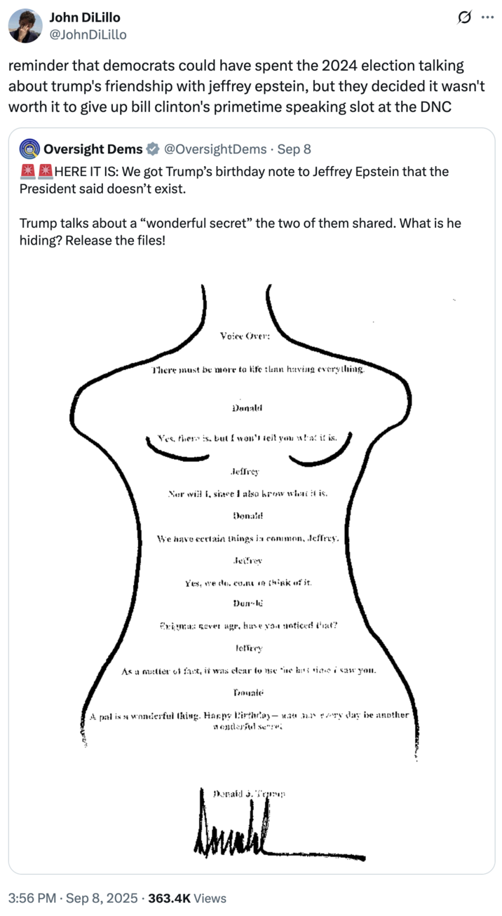 A "tweet":https://knowyourmeme.com/memes/sites/twitter-x joking about Jeffrey Epstein's 50th Birthday Book, which was released in September 2025. 