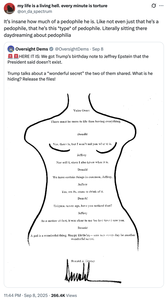 A "tweet":https://knowyourmeme.com/memes/sites/twitter-x joking about Jeffrey Epstein's 50th Birthday Book, which was released in September 2025. 