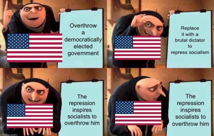imaflip.com Overthrow a democratically elected government Replace it with a brutal dictator to repress socialism The repression inspires socialists to overthrow him The repression inspires socialists to overthrow him