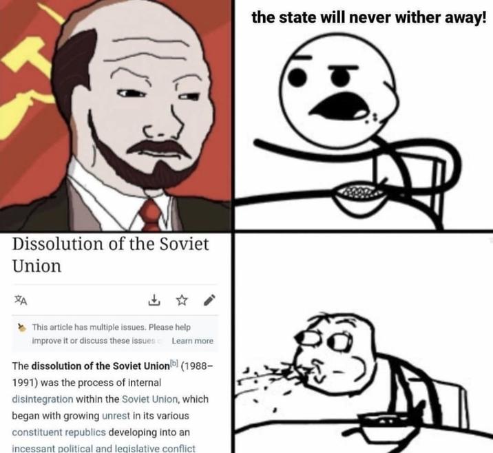 Dissolution of the Soviet Union ХА ☆ This article has multiple issues. Please help improve it or discuss these issues Learn more The dissolution of the Soviet Union bl (1988- 1991) was the process of internal disintegration within the Soviet Union, which began with growing unrest in its various constituent republics developing into an incessant political and legislative conflict the state will never wither away!