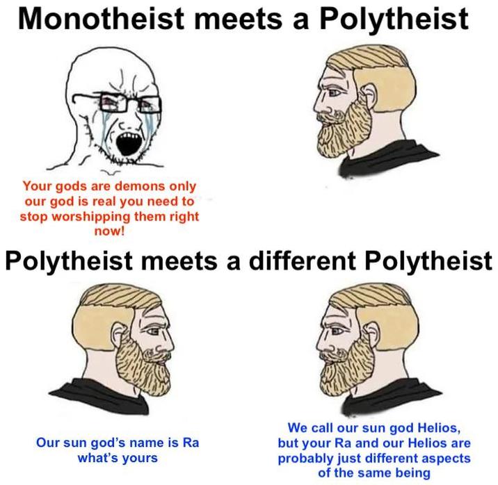 Monotheist meets a Polytheist Your gods are demons only our god is real you need to stop worshipping them right now! Polytheist meets a different Polytheist Our sun god's name is Ra what's yours We call our sun god Helios, but your Ra and our Helios are probably just different aspects of the same being