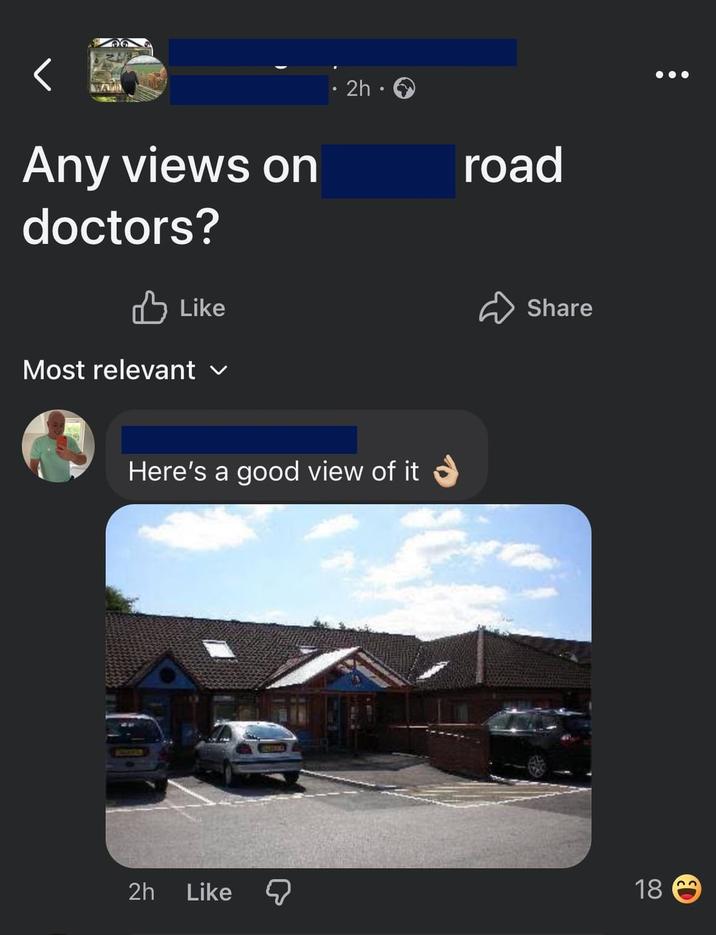 Any views on doctors? • 2h⚫ Like Most relevant Here's a good view of it ACTERS 2h road Share Like 18