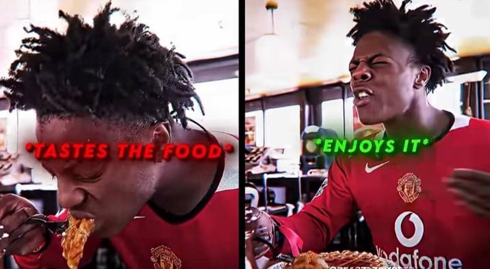 A two-panel "reaction image":https://knowyourmeme.com/memes/reaction-images showing streamer "IShowSpeed":https://knowyourmeme.com/memes/people/ishowspeed eating with action captions reading, "==*==*Tastes the Food*==*== / ==*==*Enjoys It*==*==."