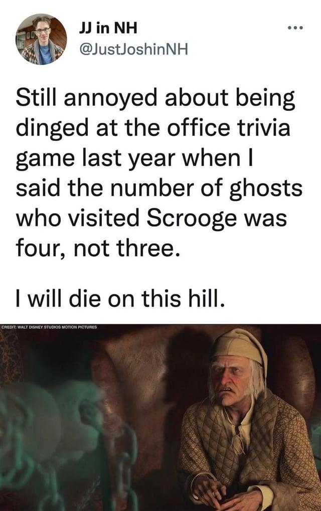 JJ in NH @JustJoshinNH Still annoyed about being dinged at the office trivia game last year when I said the number of ghosts who visited Scrooge was four, not three. I will die on this hill. CREDIT: WALT DISNEY STUDIOS MOTION PICTURES
