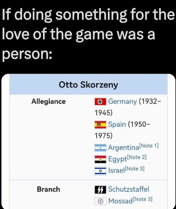 If doing something for the love of the game was a person: Otto Skorzeny Allegiance Germany (1932- 1945) A Spain (1950- 1975) Argentina [Note 1] Egypt [Note 2] Israel [Note 3] Branch 44 Schutzstaffel Mossad [Note 3]