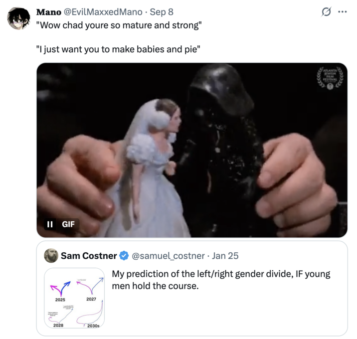 X user @EvilMaxxedMano tweeted, "Wow chad youre so mature and strong I just want you to make babies and pie," alongside a GIF showing a pair of hands making a doll and a Darth Vader figurine kiss. 