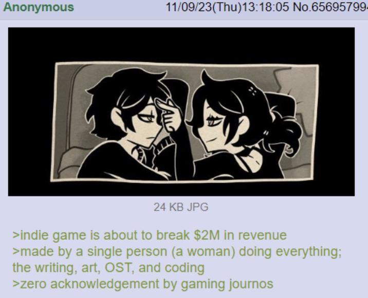 Anonymous 11/09/23(Thu)13:18:05 No.65695799. 24 KB JPG >indie game is about to break $2M in revenue >made by a single person (a woman) doing everything; the writing, art, OST, and coding >zero acknowledgement by gaming journos