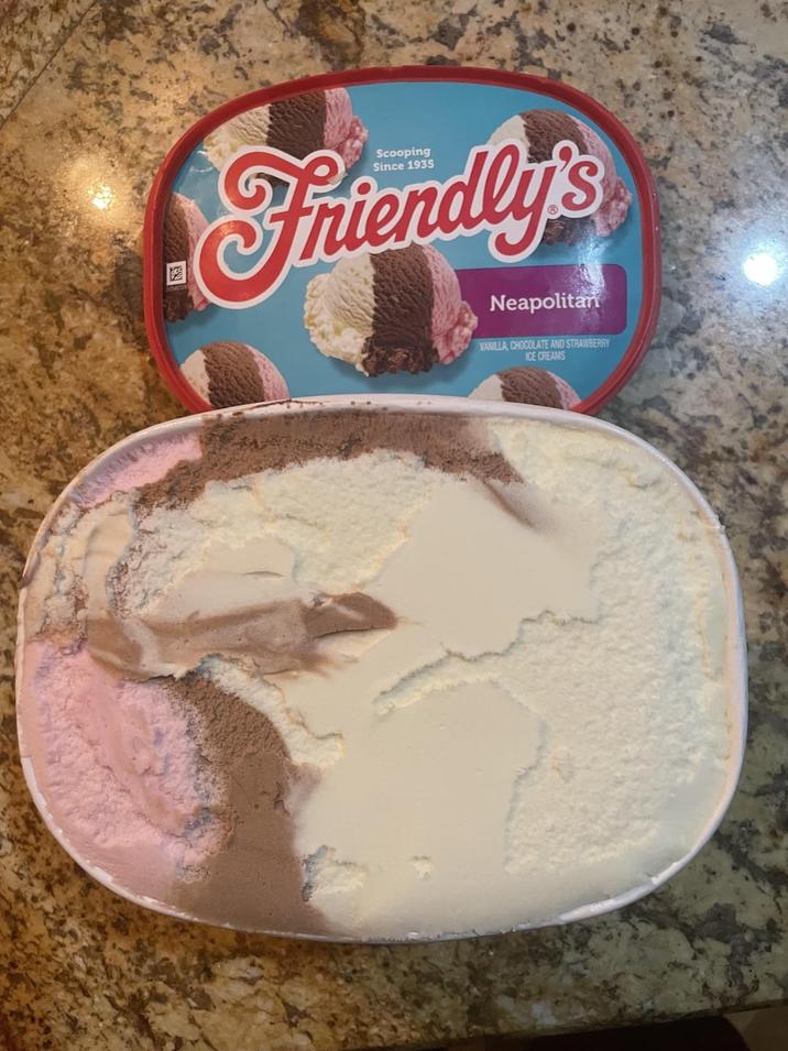 Since 1935 Friendly's Neapolitan VANILLA, CHOCOLATE AND STRAWBERRY ICE CREAMS