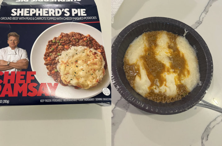SHEPHERD'S PIE GROUND BEEF WITH PEAS & CARROTS TOPPED WITH CHEESY MASHED POTATOES HEE AMSAY OZ (283g) U.S. INSPECTED AND PASSED BY DEPARTMENT OF AGRICULTURE EST. 2WM KEEP FROZEN PERISHABLE MICROWAVEABLE I COOK THOROUGHLY SERVING SUGGESTION