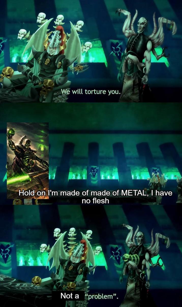 We will torture you. Hold on I'm made of made of METAL, I have no flesh Not a "problem".