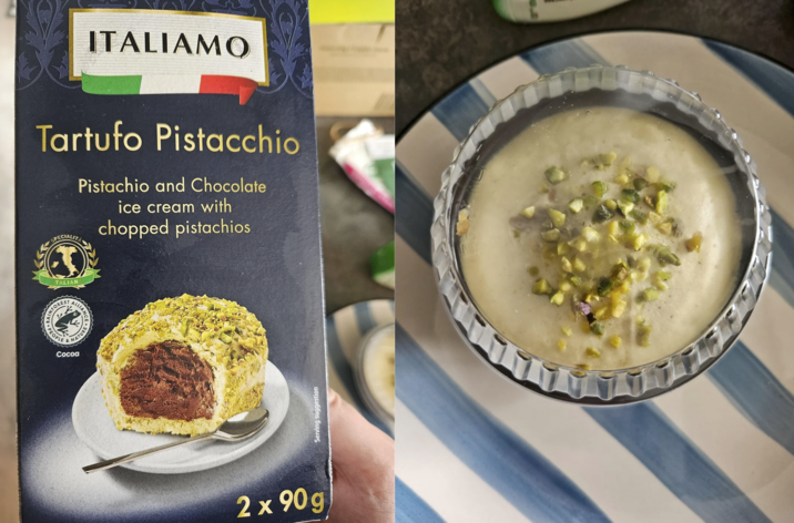 ITALIAMO Tartufo Pistacchio SPECIALITA Pistachio and Chocolate ice cream with chopped pistachios TALIAN RAINFOREST ALLIANCE PEOPLE &NATURE Cocoa 2 x 90g Serving suggestion