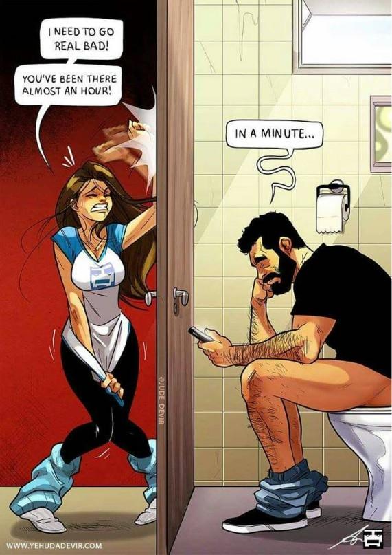 One Minute... A piece of art by Instagram user jude_devir. The art shows a woman desperately trying to get into the locked bathroom, her husband scrolling his phone on the other end of the door, on the toilet.