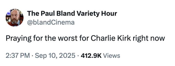A "tweet":https://knowyourmeme.com/memes/sites/twitter-x making a joke about the shooting of political commentator Charlie Kirk at UVU in September 2025.