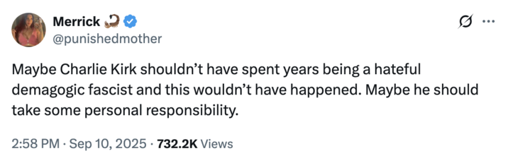 A "tweet":https://knowyourmeme.com/memes/sites/twitter-x commenting on the shooting of political commentator Charlie Kirk at UVU in September 2025.
