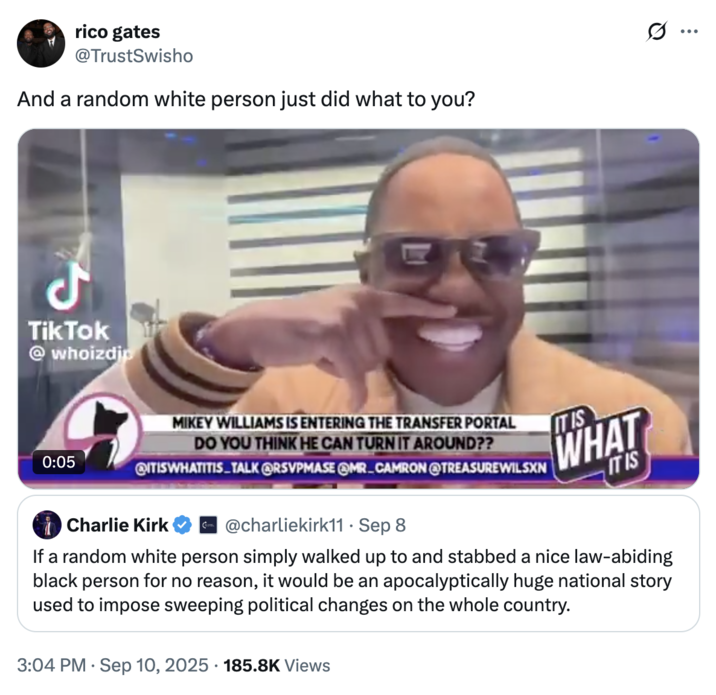 A "quote-tweet":https://knowyourmeme.com/memes/quote-retweets-qrts joking about the shooting of political commentator Charlie Kirk at UVU in September 2025.