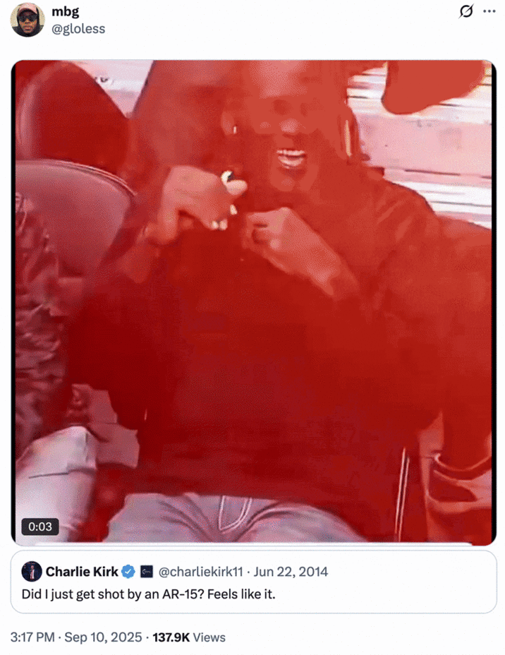 "Did I just get shot by an AR-15?" No No No Michael Jordan Reaction A "quote-tweet":https://knowyourmeme.com/memes/quote-retweets-qrts of an old Charlie Kirk "tweet":https://knowyourmeme.com/memes/sites/twitter-x, reading, "Did I just get shot by an AR-15?" The user attached the "Michael Jordan 'No, No, No' Reaction":https://knowyourmeme.com/memes/michael-jordan-no-no-no-reaction to joke about the Kirk shooting in 2025.