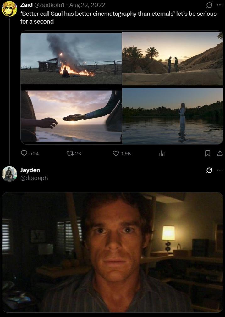 The first-known use of the Dexter Stare meme as a reaction image, shared on Twitter in August 2022.