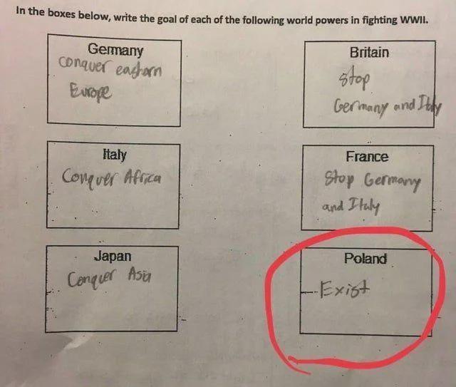 In the boxes below, write the goal of each of the following world powers in fighting WWII. Germany conquer eastern Europe Italy Conquer Africa Japan Conquer Asia Britain stop Germany and Italy France Stop Germany and Italy Poland -Exist
