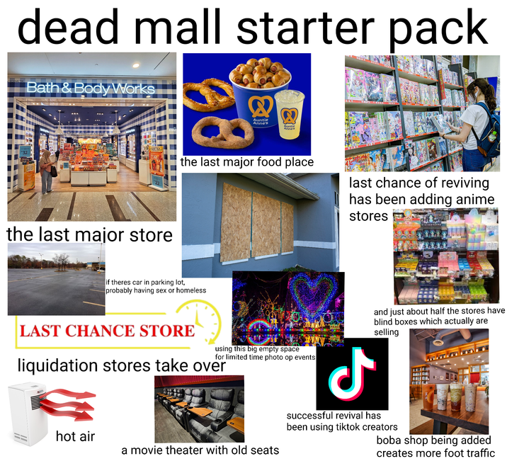 dead mall starter pack KOSMETIK Bath & Body Works "32 Auntie Anne's Auntie Anne's MUM the last major food place last chance of reviving has been adding anime stores the last major store if theres car in parking lot, probably having sex or homeless LAST CHANCE STORE using this big empty space for limited time photo op events liquidation stores take over hot air a movie theater with old seats ل and just about half the stores have blind boxes which actually are selling successful revival has been using tiktok creators boba shop being added creates more foot traffic