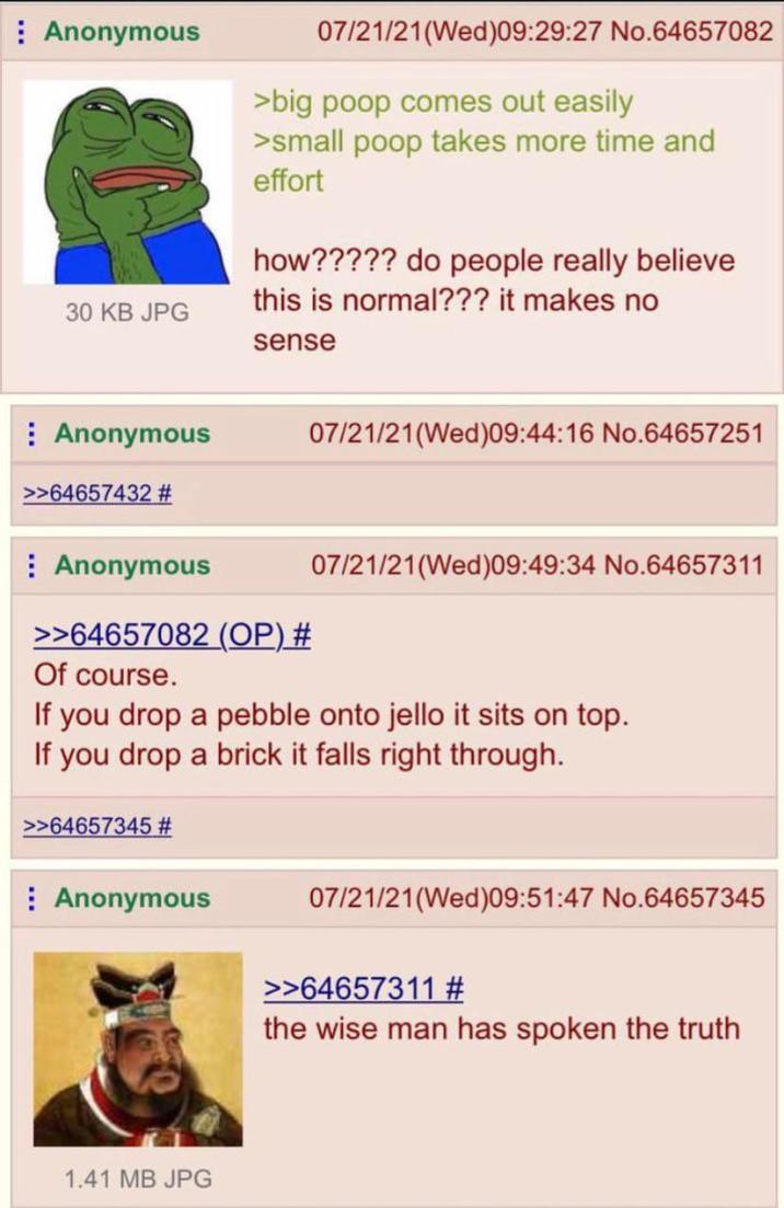 Anonymous 30 KB JPG 07/21/21(Wed)09:29:27 No.64657082 >big poop comes out easily >small poop takes more time and effort how????? do people really believe this is normal??? it makes no sense Anonymous >>64657432 # Anonymous >>64657082 (OP) # Of course. 07/21/21(Wed)09:44:16 No.64657251 07/21/21(Wed)09:49:34 No.64657311 If you drop a pebble onto jello it sits on top. If you drop a brick it falls right through. >>64657345 # Anonymous 07/21/21(Wed)09:51:47 No.64657345 1.41 MB JPG >>64657311 # the wise man has spoken the truth