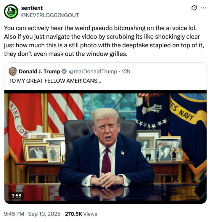 A "quote-tweet":https://knowyourmeme.com/memes/quote-retweets-qrts expressing an accusation that "U.S.":https://knowyourmeme.com/memes/cultures/united-states-of-america President "Donald Trump":https://knowyourmeme.com/memes/people/donald-trump and his team released an "AI-generated video":https://knowyourmeme.com/memes/cultures/ai-video as the eulogy to "Charlie Kirk":https://knowyourmeme.com/memes/people/charlie-kirk.