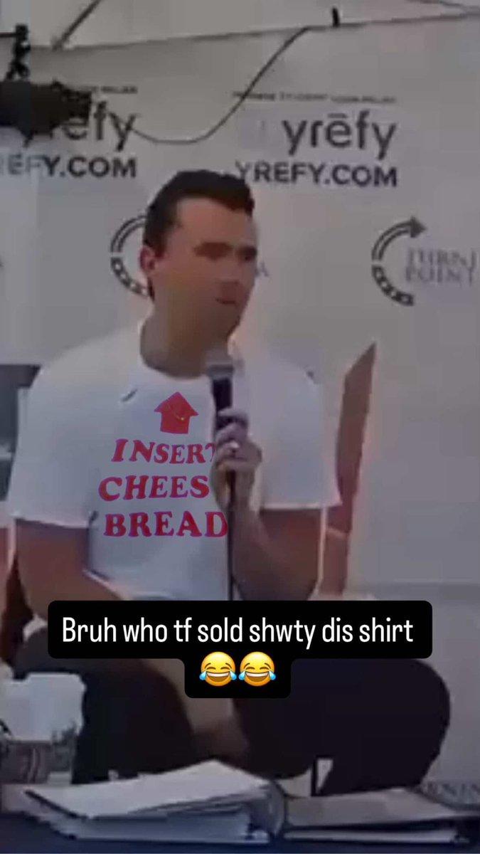 An edit of the "Charlie Kirk":https://knowyourmeme.com/memes/people/charlie-kirk shooting video in which Kirk is given the "Insert Cheesy Bread":https://knowyourmeme.com/memes/insert-cheesy-bread shirt.