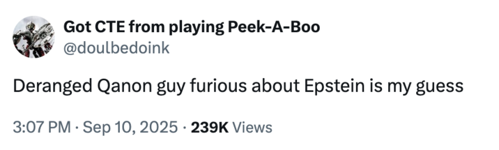 Got CTE from playing Peek-A-Boo @doulbedoink Deranged Qanon guy furious about Epstein is my guess • 3:07 PM Sep 10, 2025 239K Views