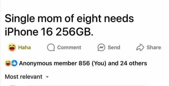 Single mom of eight needs iPhone 16 256GB. Haha Comment Send Anonymous member 856 (You) and 24 others Most relevant Share