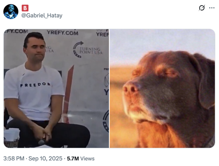 Cooked Dog Comparison A "tweet":https://knowyourmeme.com/memes/sites/twitter-x comparing "Charlie Kirk's":https://knowyourmeme.com/memes/people/charlie-kirk expression moments before his assassination to the "Cooked Dog":https://knowyourmeme.com/memes/dog-closing-his-eyes-cooked-dog meme.