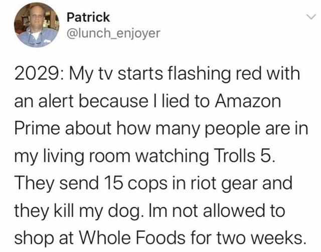 Patrick @lunch_enjoyer 2029: My tv starts flashing red with an alert because I lied to Amazon Prime about how many people are in my living room watching Trolls 5. They send 15 cops in riot gear and they kill my dog. Im not allowed to shop at Whole Foods for two weeks.