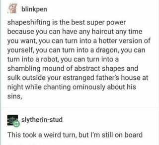 blinkpen shapeshifting is the best super power because you can have any haircut any time you want, you can turn into a hotter version of yourself, you can turn into a dragon, you can turn into a robot, you can turn into a shambling mound of abstract shapes and sulk outside your estranged father's house at night while chanting ominously about his sins, slytherin-stud This took a weird turn, but I'm still on board