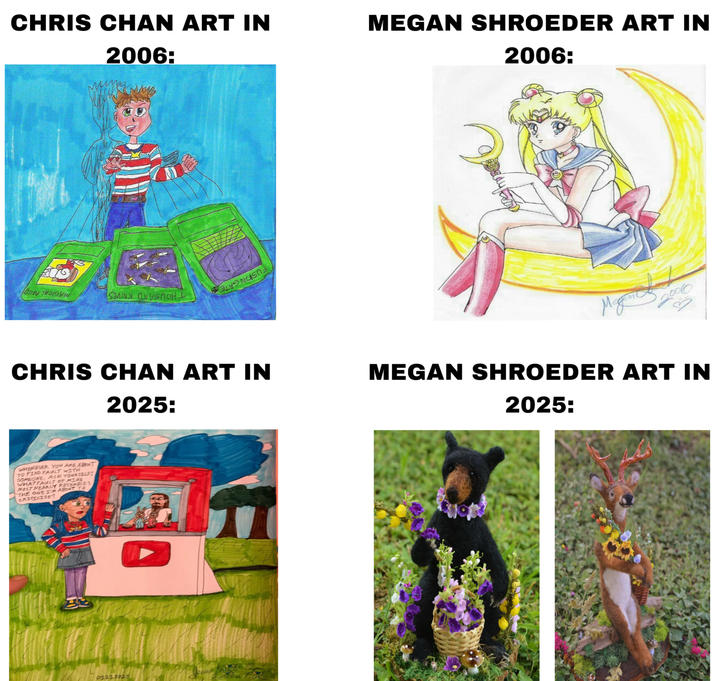 CHRIS CHAN ART IN 2006: SEMINY ON SnoH CHRIS CHAN ART IN 2025: WHENEVER YOU ARE ABOUT TO FIND FAULT WITH SOMEONE, ASK YOURSELF: WHAT FAULT OF MINE MOST NEARLY RESEMBLES THE ONE I'M ABOUT TO CRITICIZE? 01222025 MEGAN SHROEDER ART IN 2006: 2006 2025: MEGAN SHROEDER ART IN