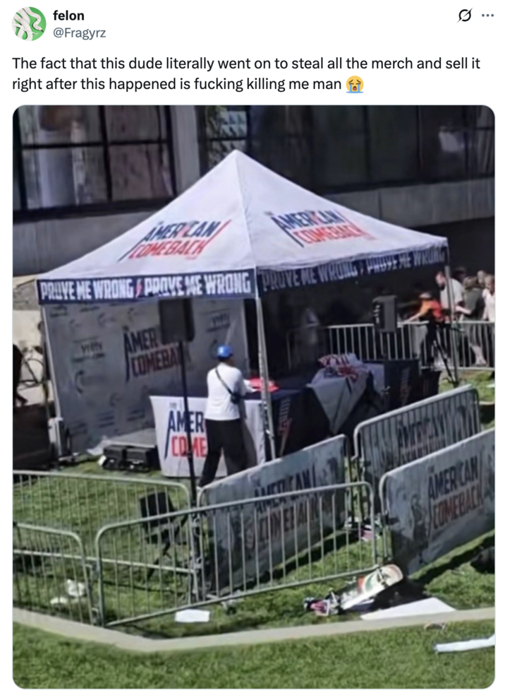 The fact that this dude literally went on to steal all the merch and sell it right after this happened is f------ killing me A "tweet":https://knowyourmeme.com/memes/sites/twitter-x claiming that Elder TikTok stole all of the "Charlie Kirk":https://knowyourmeme.com/memes/people/charlie-kirk merch after Kirk was assassinated at UVU in September 2025.