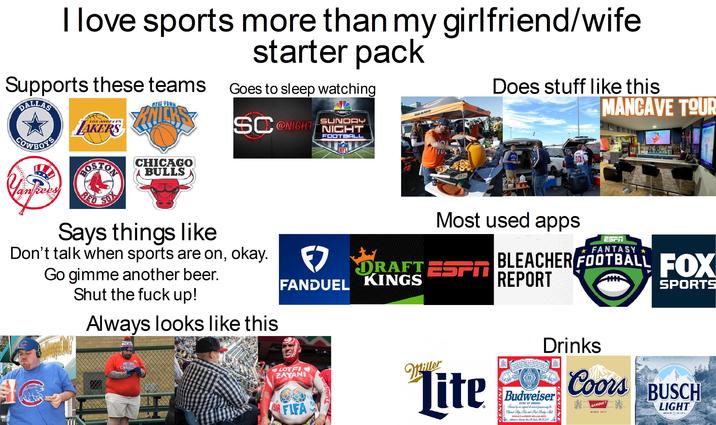1 BILL I love sports more than my girlfriend/wife Supports these teams DALLAS COWBOY'S Yan Rees LOS ANGELES LAKERS BOSTON RED SOX NEW YORK CHICAGO BULLS 美 Says things like starter pack Goes to sleep watching NBC SUNDAY SCONIGHT NICHT Don't talk when sports are on, okay. Go gimme another beer. Shut the f--- up! Always looks like this CUE WRIGLE D FOOTBALL עקוון Does stuff like this TU GINT G MANCAVE TOUR FIRE Most used apps ESPI FANTASY ★ BLEACHER FOOTBALL FOX DRAFT ESPN KINGS REPORT FANDUEL LOTFI ZAYANI SIR FLEA TUNISIA Miller Lite CENUINE Drinks 3013 SPORTS Budweiser KING OF BEERS Prowed by surgical all matured process using the Choicest Hyps, Rice and Best Barby Mak Auhauser Durch, e. St. Louis, MULA TO WORLD'S LARGEST SELLING BEER Coors BUSCH BANQUET LIGHT CENUINE SINCE 1873 BREWED IN USA.