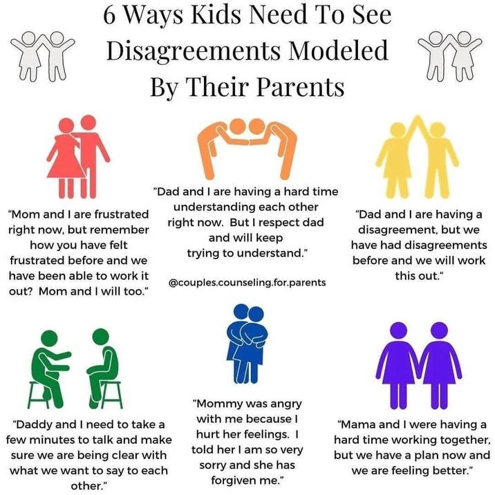 6 Ways Kids Need To See Disagreements Modeled By Their Parents "Mom and I are frustrated right now, but remember how you have felt frustrated before and we have been able to work it out? Mom and I will too." "Dad and I are having a hard time understanding each other right now. But I respect dad and will keep trying to understand." @couples.counseling.for.parents "Dad and I are having a disagreement, but we have had disagreements before and we will work this out." "Daddy and I need to take a few minutes to talk and make sure we are being clear with what we want to say to each other." "Mommy was angry with me because I hurt her feelings. I told her I am so very sorry and she has forgiven me." "Mama and I were having a hard time working together, but we have a plan now and we are feeling better."