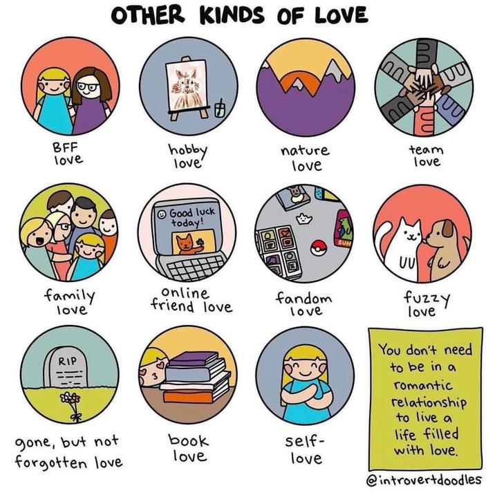 OTHER KINDS OF LOVE BFF love hobby love' •A Good luck today! nature love family online fandom love friend love love RIP UU JUU team love SUN UU fuzzy love You don't need to be in a romantic relationship to live a gone, but not book self- life filled forgotten love love with love. love @introvertdoodles