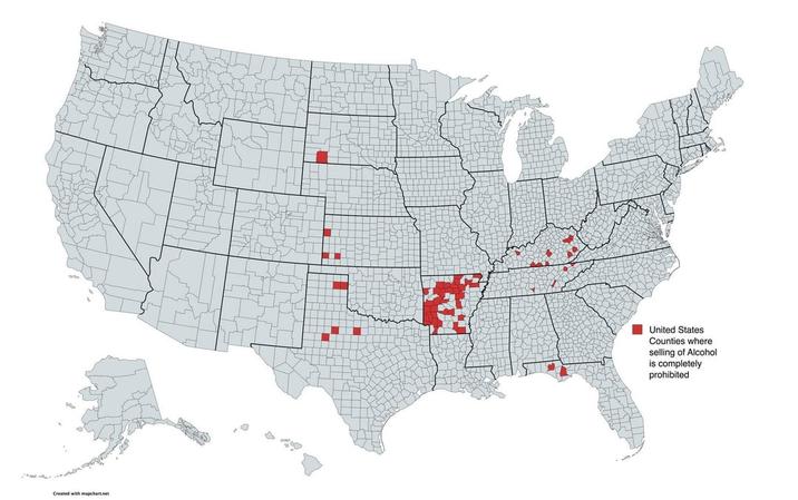 Created with mapchart.net United States Counties where selling of Alcohol is completely prohibited