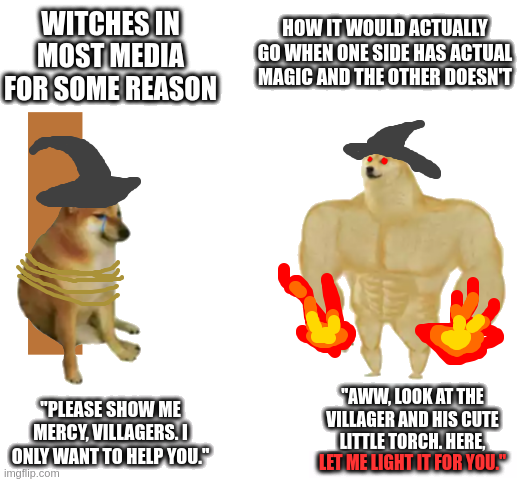 WITCHES IN MOST MEDIA FOR SOME REASON HOW IT WOULD ACTUALLY GO WHEN ONE SIDE HAS ACTUAL MAGIC AND THE OTHER DOESN'T "PLEASE SHOW ME MERCY, VILLAGERS.] ONLY WANT TO HELP YOU." imgflip.com "AWW, LOOK AT THE VILLAGER AND HIS CUTE LITTLE TORCH. HERE, LET ME LIGHT IT FOR YOU."