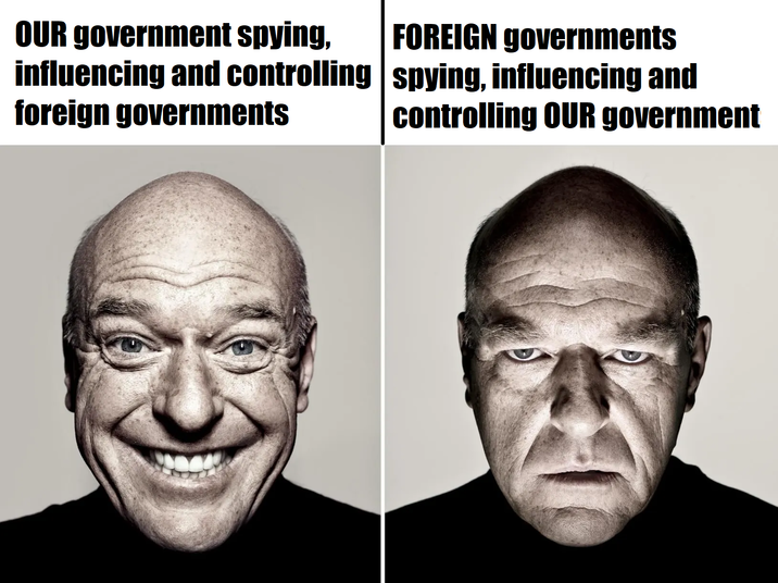 OUR government spying, influencing and controlling foreign governments FOREIGN governments spying, influencing and controlling OUR government
