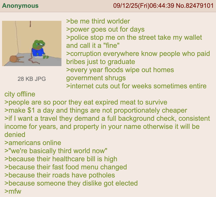 Anonymous 28 KB JPG city offline 09/12/25(Fri)06:44:39 No.82479101 >be me third worlder >power goes out for days >police stop me on the street take my wallet and call it a "fine" >corruption everywhere know people who paid bribes just to graduate >every year floods wipe out homes government shrugs >internet cuts out for weeks sometimes entire >people are so poor they eat expired meat to survive >make $1 a day and things are not proportionately cheaper >if I want a travel they demand a full background check, consistent income for years, and property in your name otherwise it will be denied >americans online >"we're basically third world now" >because their healthcare bill is high >because their fast food menu changed >because their roads have potholes >because someone they dislike got elected >mfw