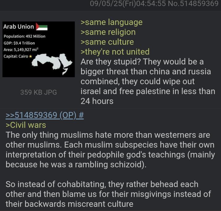 Arab Union Population: 492 Million GDP: $9.4 Trillion Area: 5,149,927 mi² Capital: Cairo⭑ 359 KB JPG 09/05/25(Fri)04:54:55 No.514859369 >same language >same religion >same culture >they're not united Are they stupid? They would be a bigger threat than china and russia combined, they could wipe out israel and free palestine in less than 24 hours >>514859369 (OP) # >Civil wars The only thing muslims hate more than westerners are other muslims. Each muslim subspecies have their own interpretation of their p-------- god's teachings (mainly because he was a rambling schizoid). So instead of cohabitating, they rather behead each other and then blame us for their misgivings instead of their backwards miscreant culture