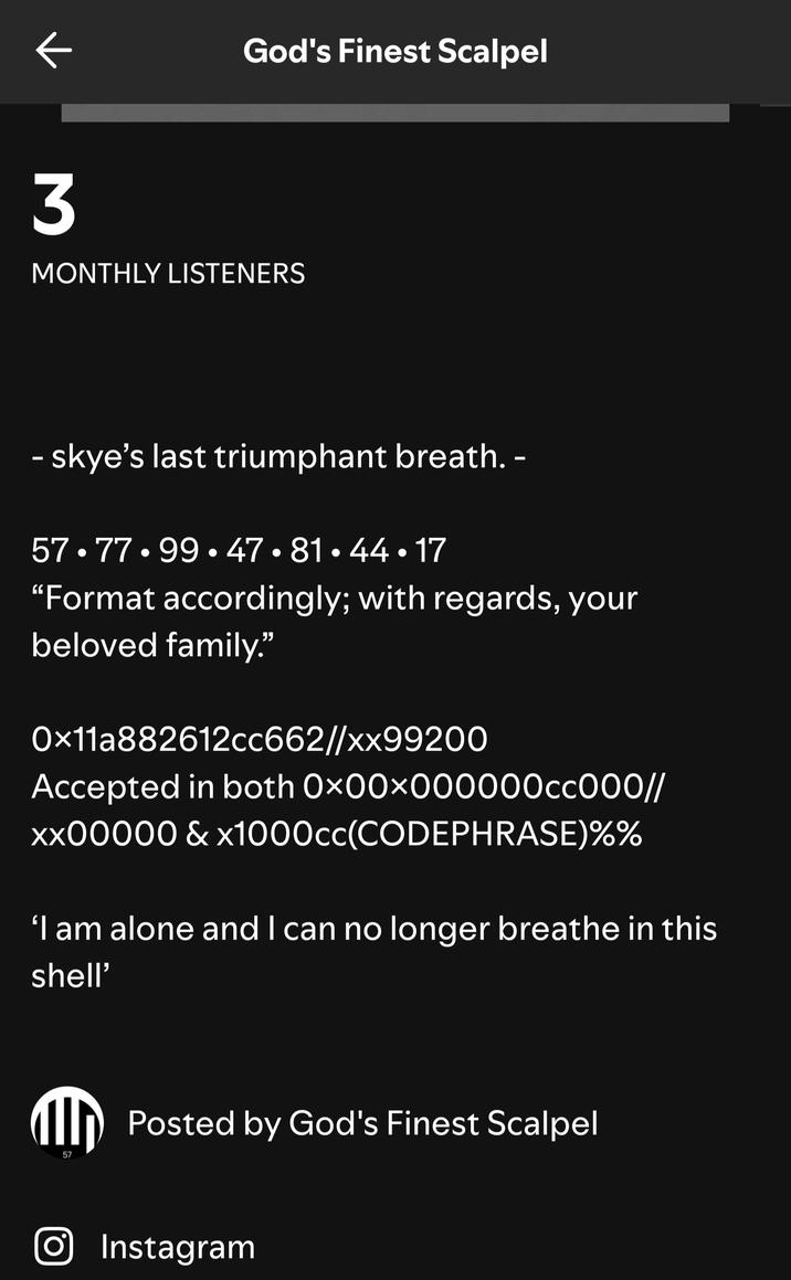 An alleged screenshot of the God's Finest Scalpel "Spotify":https://knowyourmeme.com/memes/sites/spotify page.