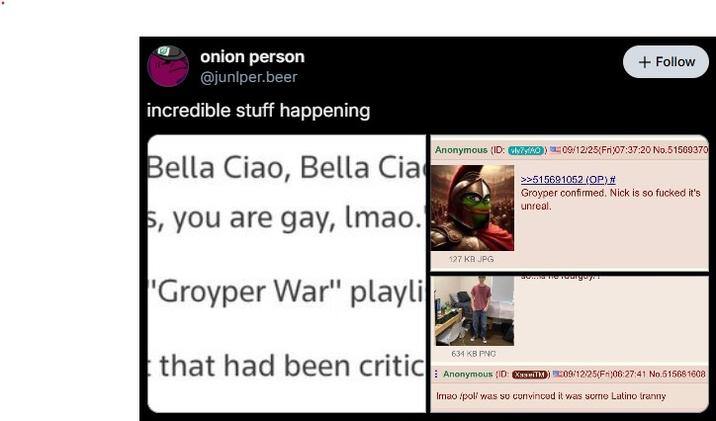 A post on Bluesky from "Juniper":https://knowyourmeme.com/memes/events/junlpers-october-2023-twitter-ban discussing the inclusion of "Bella Ciao" engraved on casings allegedly used by Tyler Robinson in the killing of Charlie Kirk and attempts to attribute him to "Groypers":https://knowyourmeme.com/memes/groyper.